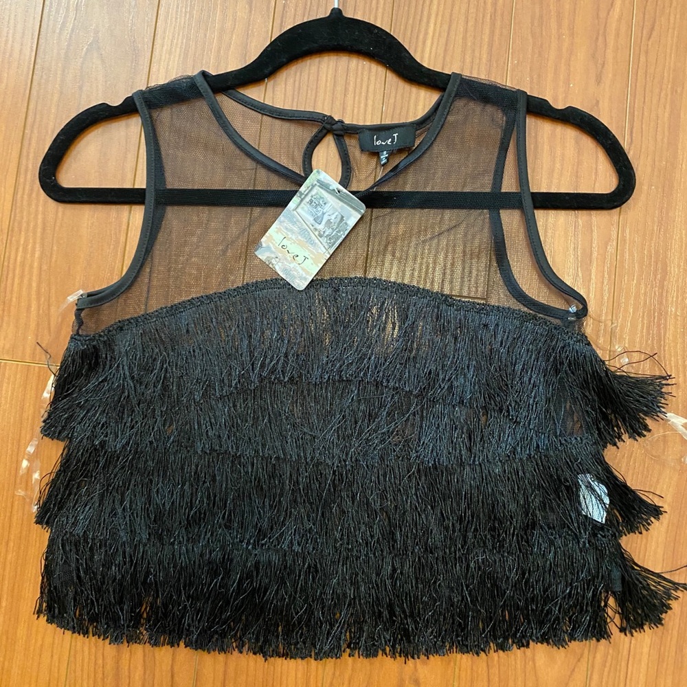 Black Mesh Fringe Crop Top